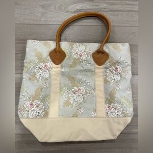 L.L. Bean Cream Floral Tote Bag Brown Handles